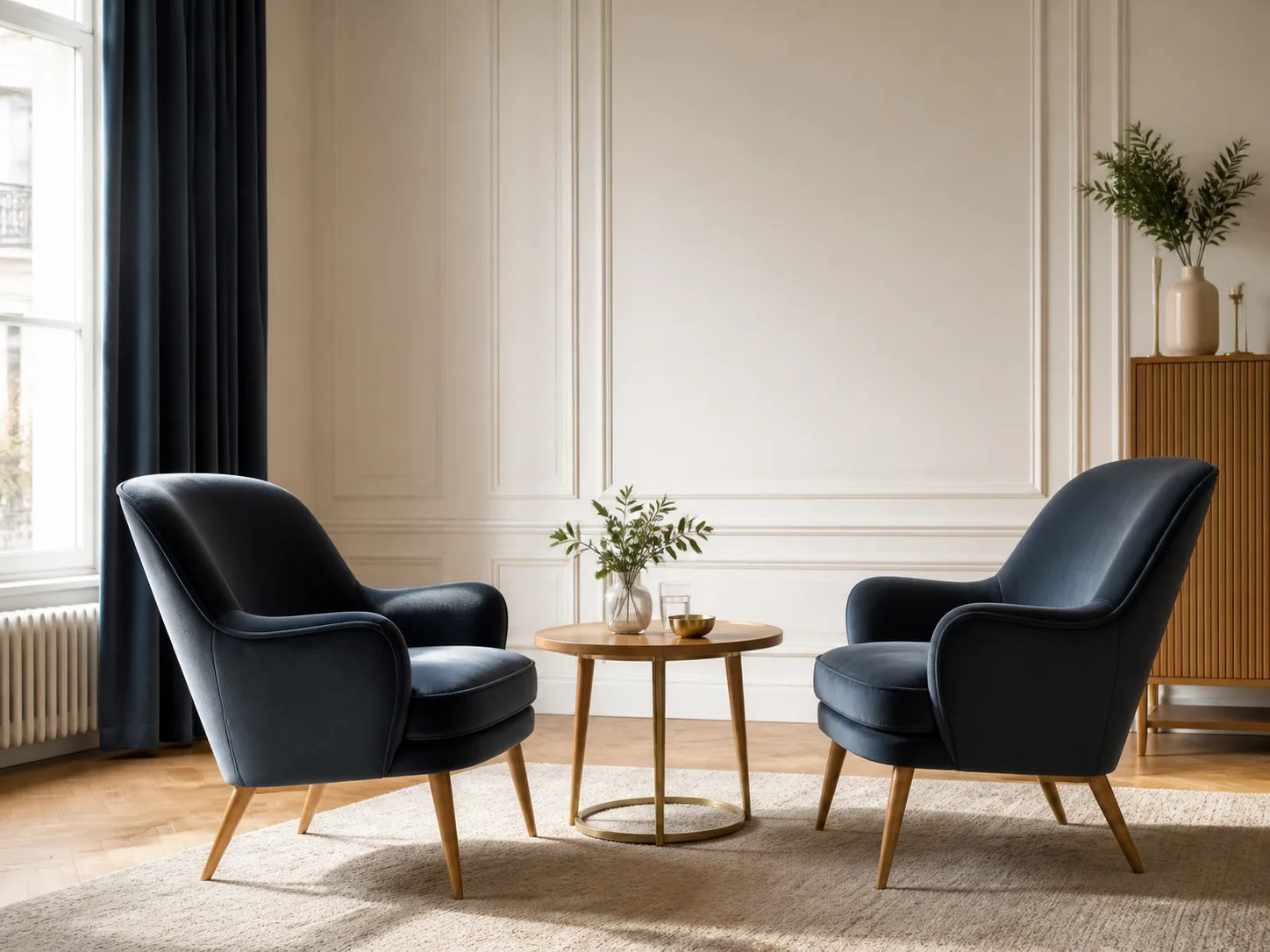 Deux fauteuils face à face dans un salon lumineux