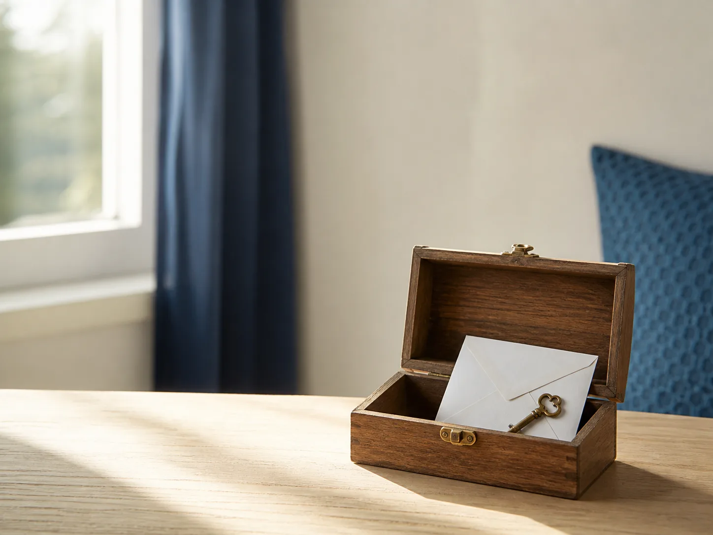 Coffret en bois contenant une enveloppe et une clé