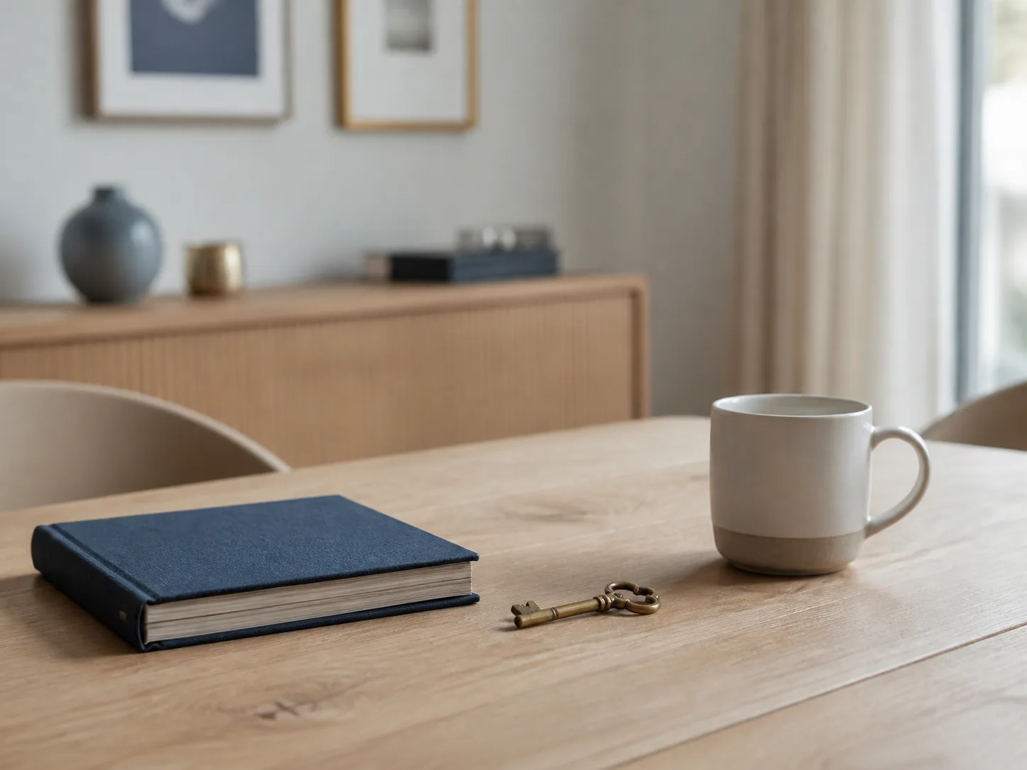 Album, clé et tasse réunis sur une table familiale
