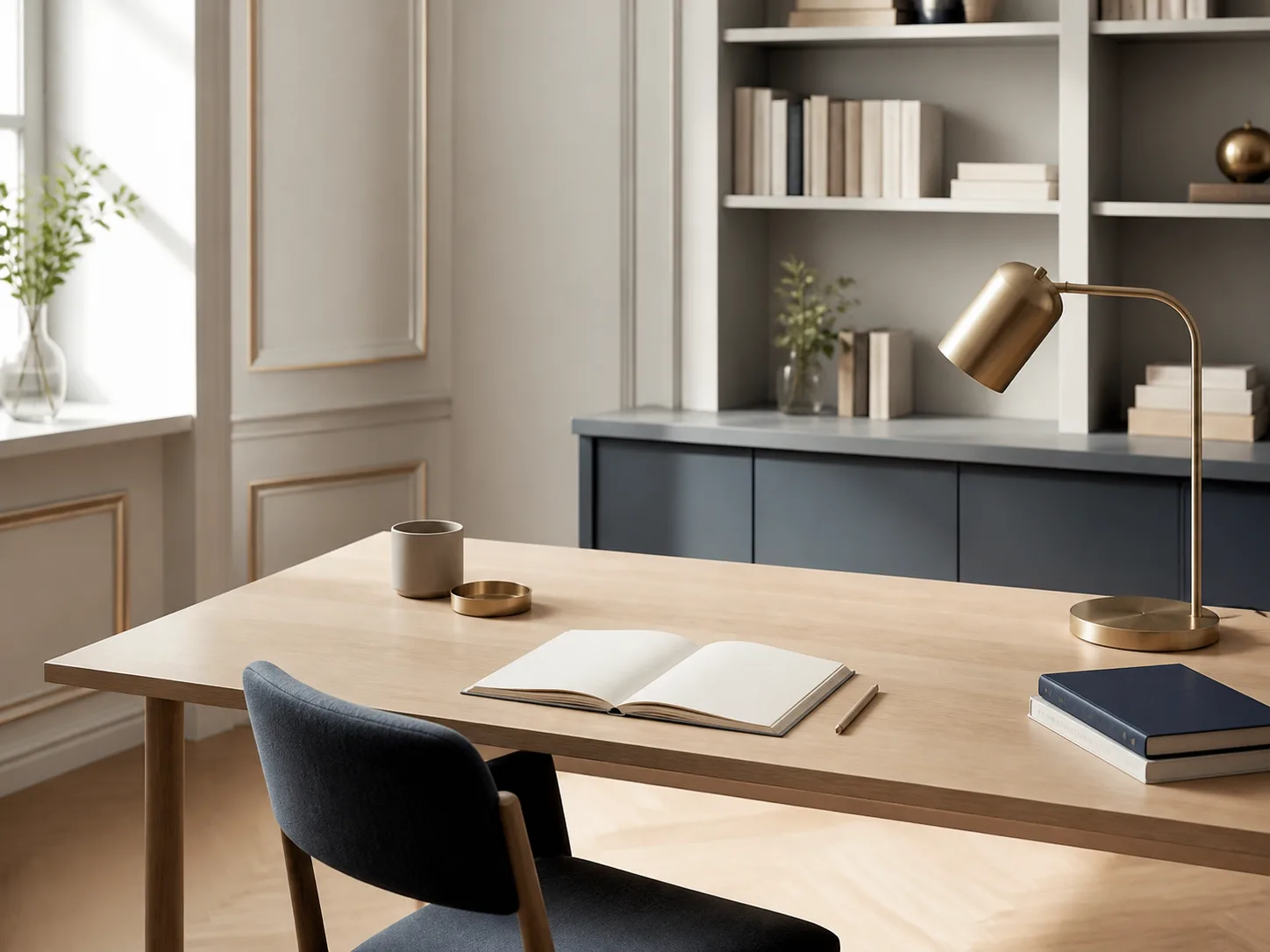 Bureau lumineux avec un carnet ouvert et une chaise prête à être occupée
