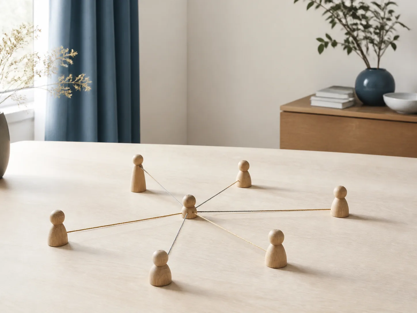 Des formes en bois disposées sur une table pour représenter différentes places