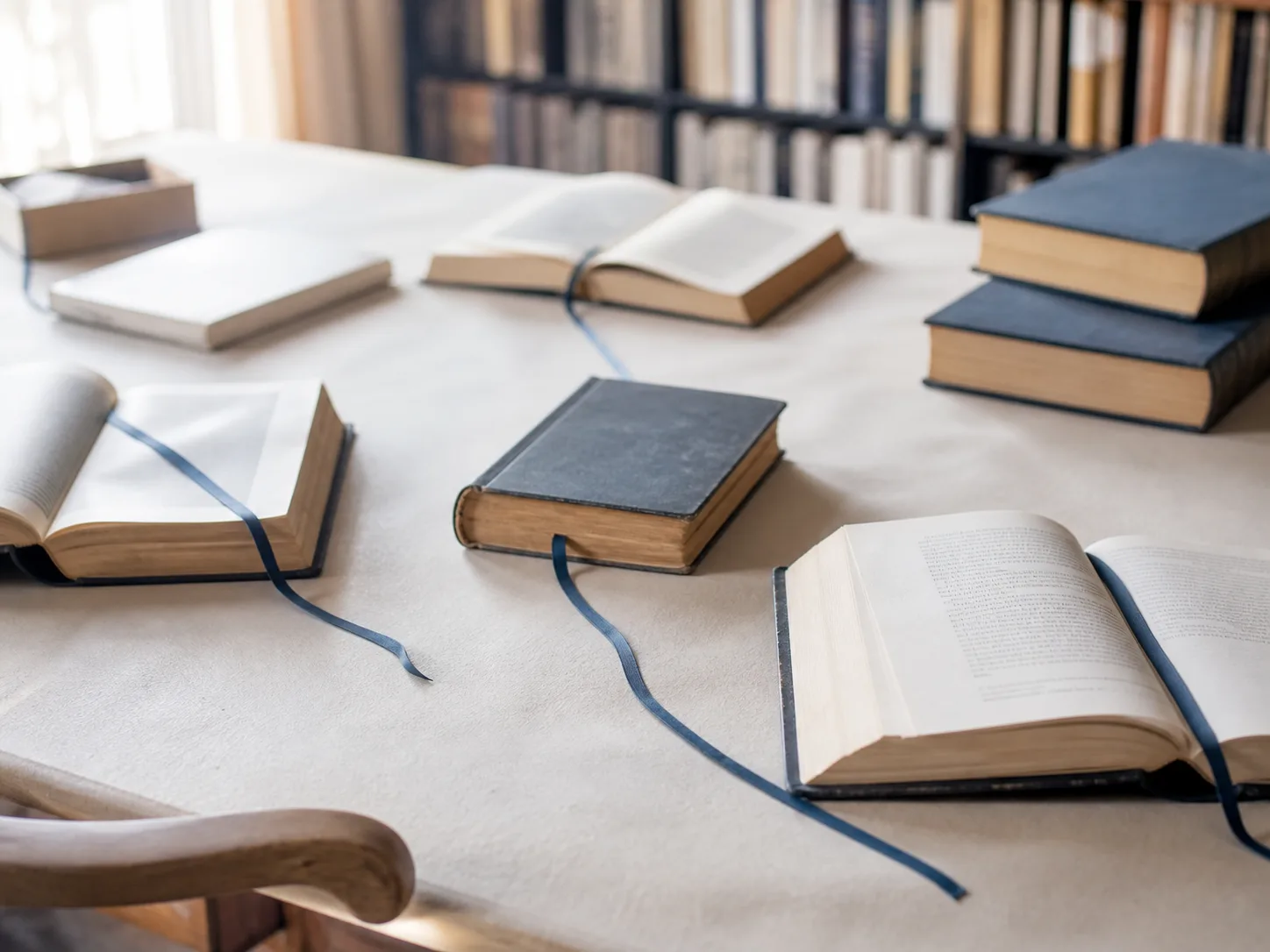 Des livres de différentes époques reliés par des marque-pages bleus