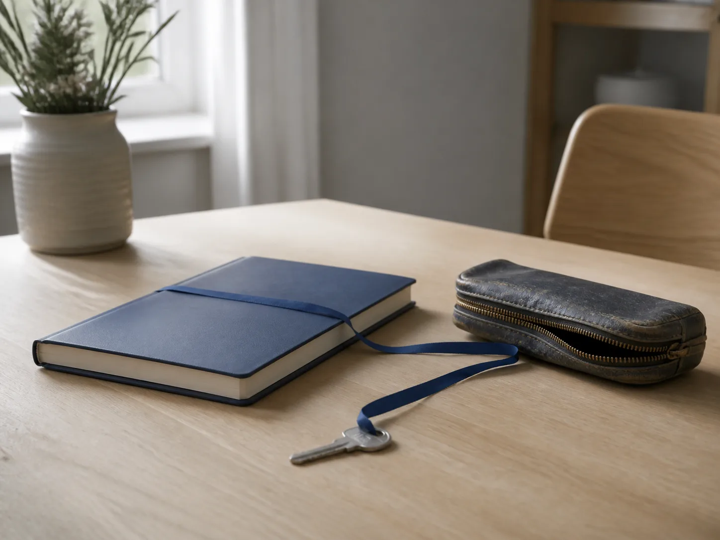 Un carnet contemporain relié à un étui ancien par un ruban bleu