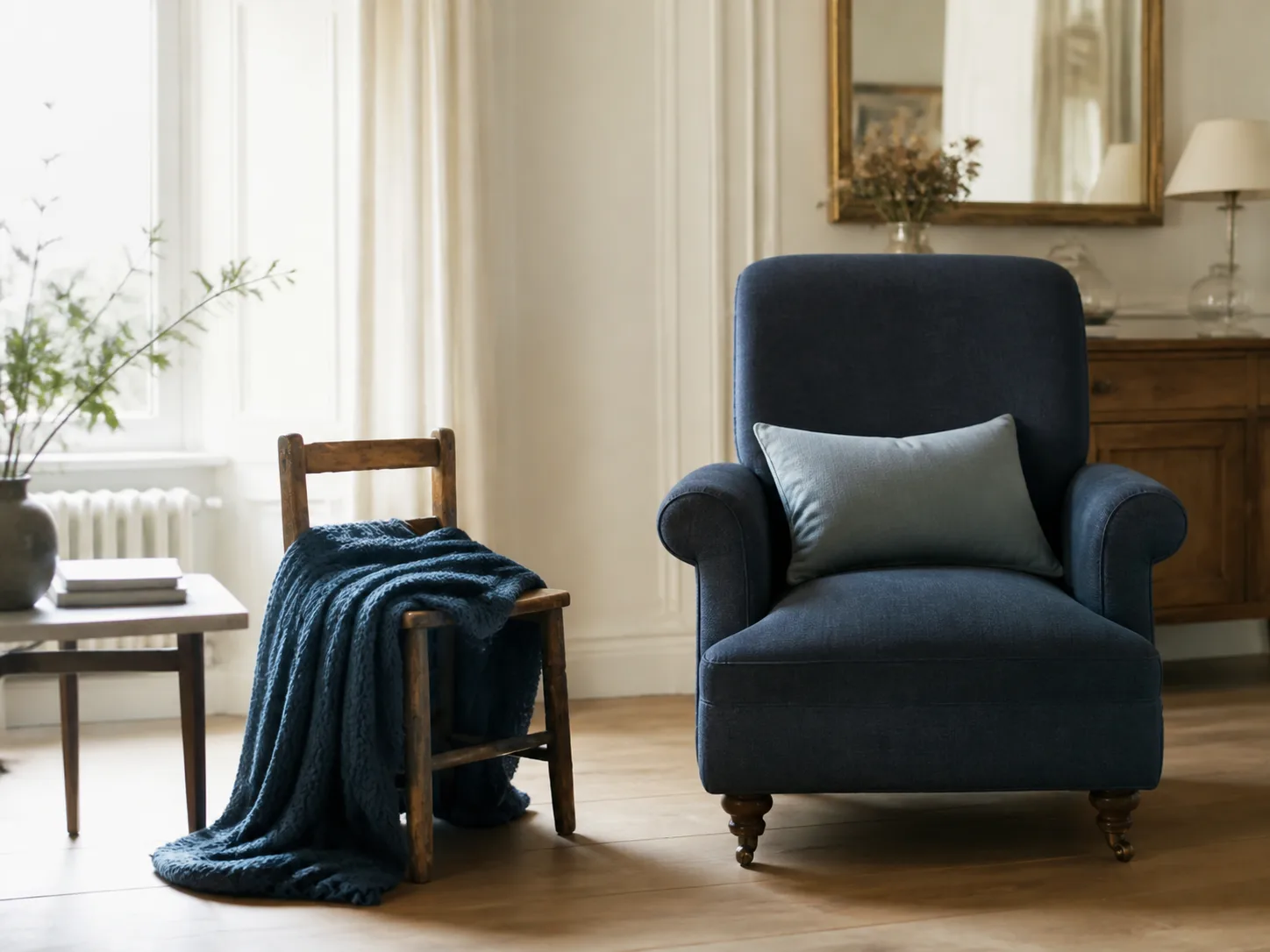 Une petite chaise portant un plaid à côté d’un grand fauteuil