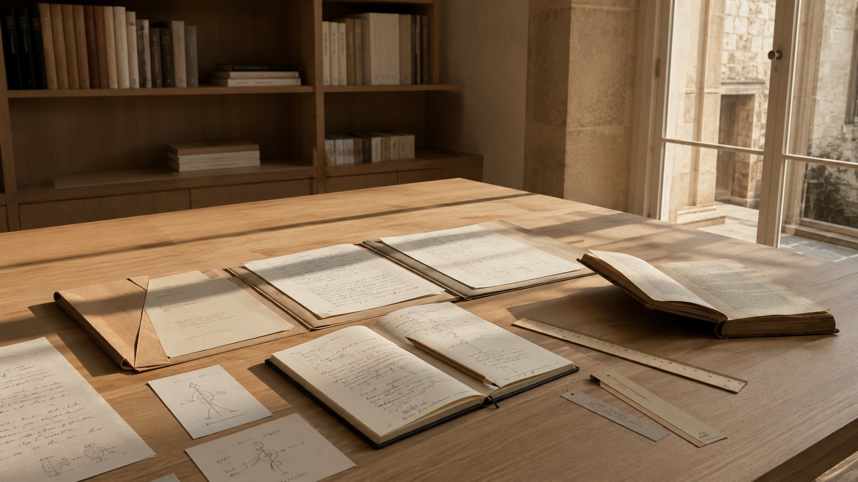 Grande table d'analyse avec dossiers, carnets annotés, schémas et lumière naturelle